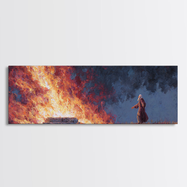 Biblical Scene Of Fiery Altar With Aged Man In Robe Religious Wall Art Framed Canvas Print For Home Decor
