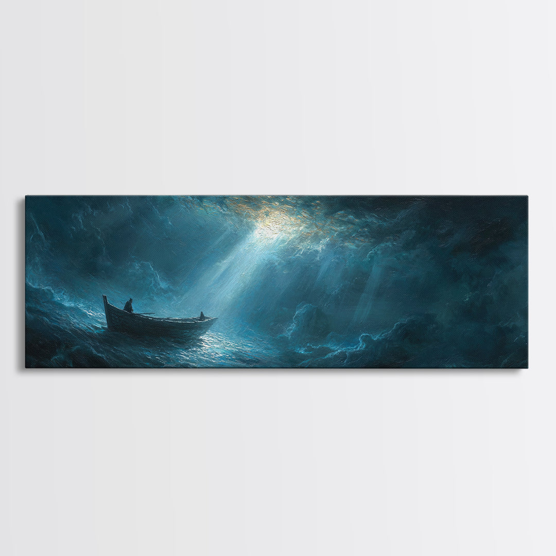 Stormy Seascape With Lone Boat Piercing Light Rays Through Clouds Canvas Print Large Wall Art Home Decor