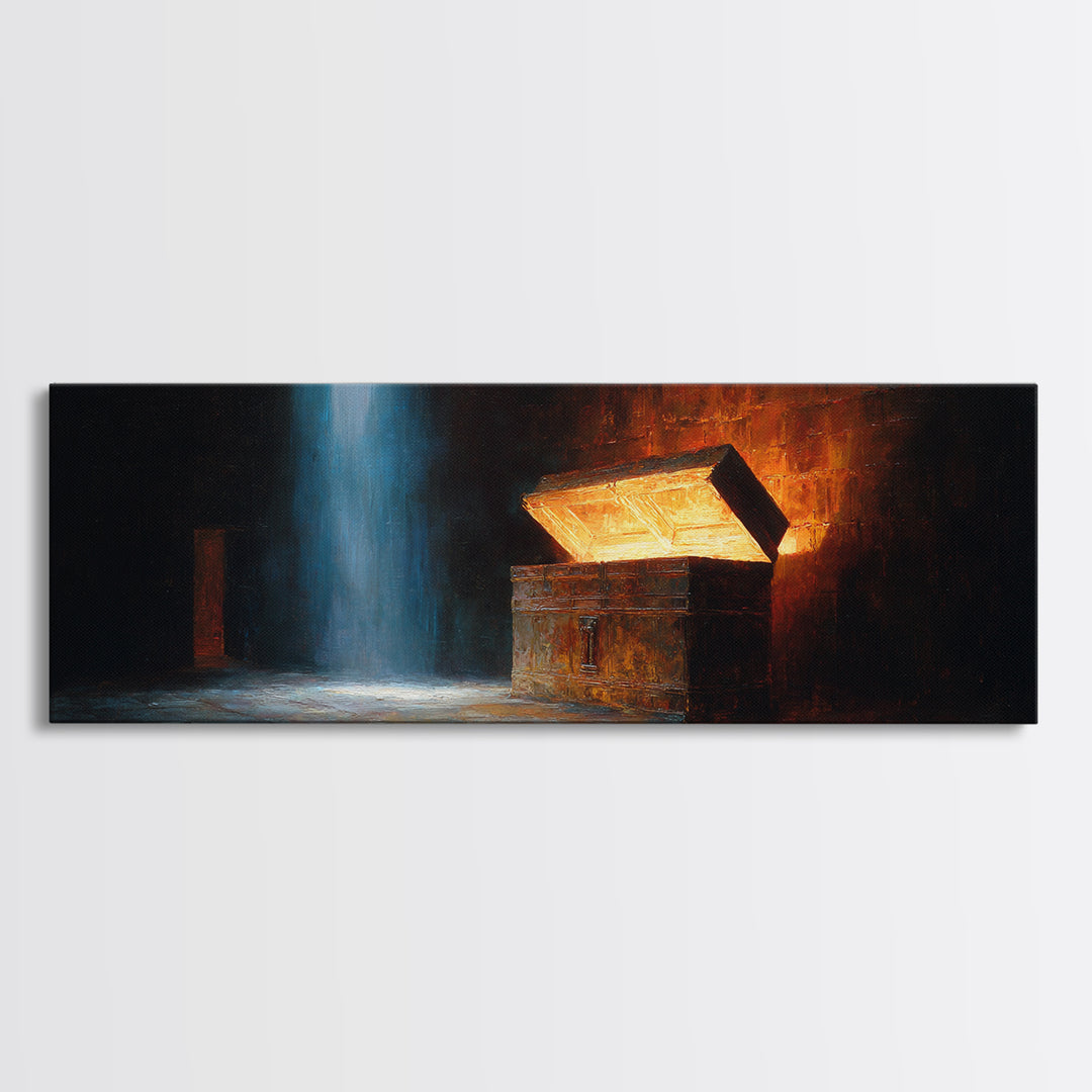 Mysterious Ancient Treasure Chest In Dimly Lit Room Oil Painting Canvas Print Unique Wall Art For Medieval Fantasy Decor