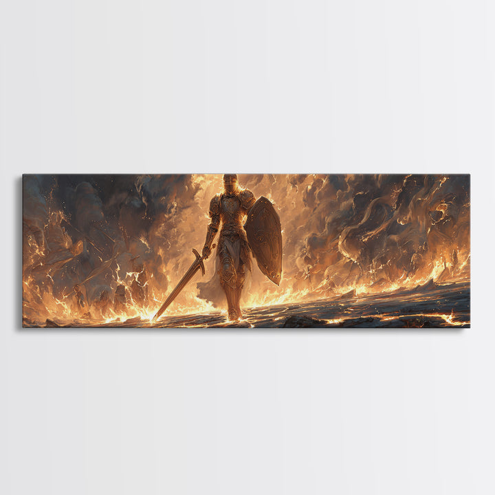 Mighty Armored Knight Walking Through Fiery Battlefield With Sword And Shield Canvas Print Medieval Fantasy Wall Art For Home Decor