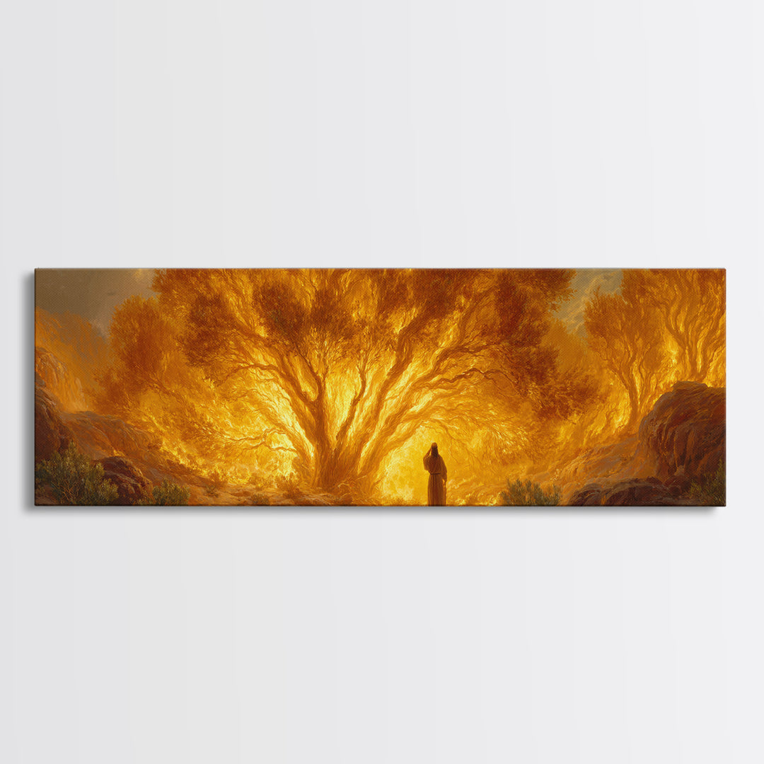 Dramatic Burning Tree With Spiritual Figure Walking Through Fiery Forest Original Art Canvas Print For Inspirational Wall Art Decor