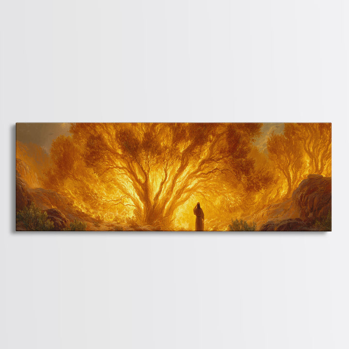 Dramatic Burning Tree With Spiritual Figure Walking Through Fiery Forest Original Art Canvas Print For Inspirational Wall Art Decor