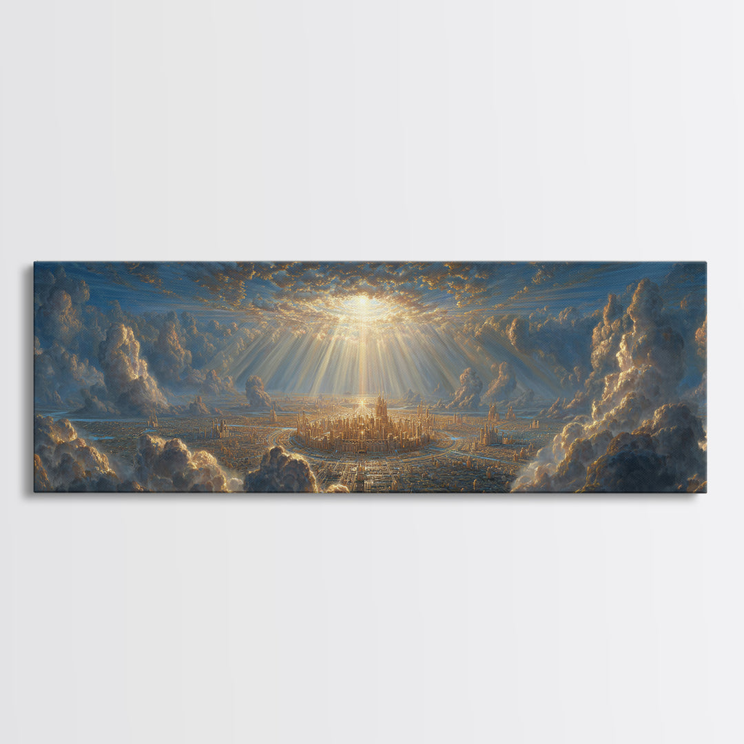 Sunlit Fantasy City Amidst Dramatic Clouds Wall Art Framed Canvas Print For Modern Home Decor And Fantasy Art Collectors Gift