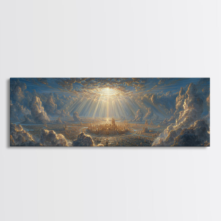 Sunlit Fantasy City Amidst Dramatic Clouds Wall Art Framed Canvas Print For Modern Home Decor And Fantasy Art Collectors Gift
