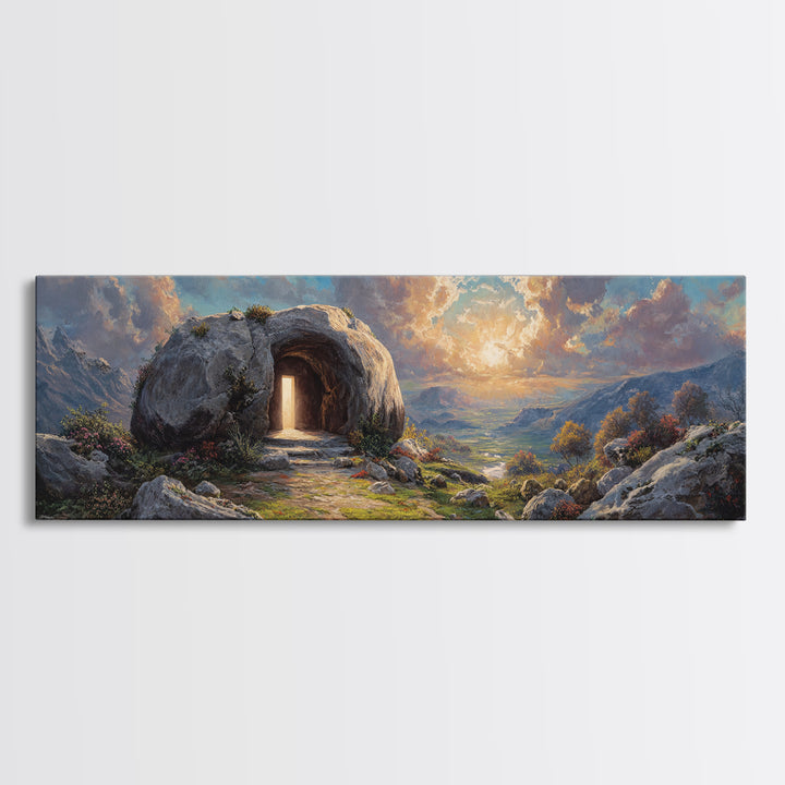 Luminous Entrance To Rocky Cave At Sunset Landscape Wall Art Framed Canvas Print For Home Decor