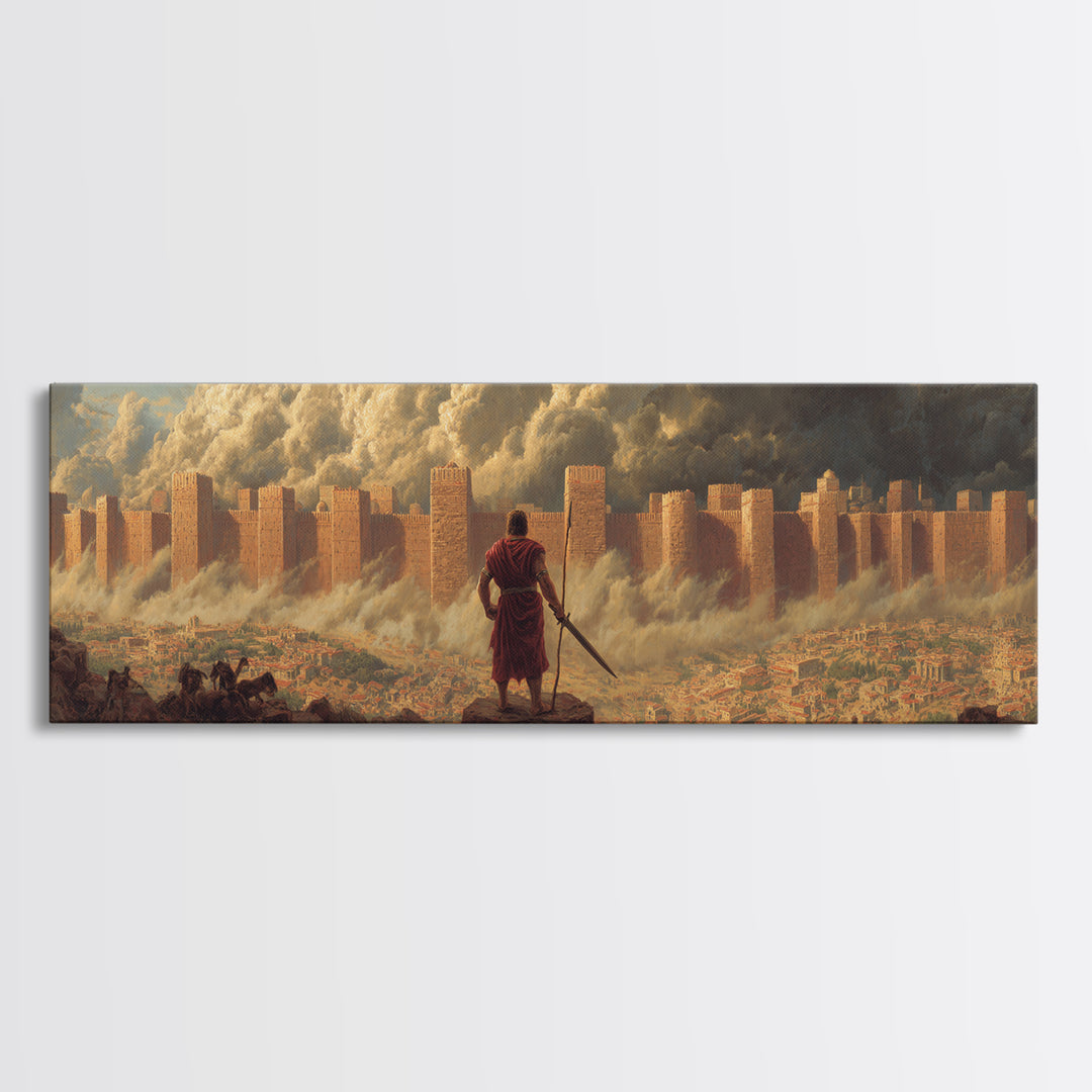Epic Ancient Siege Scene With Warrior Overlooking Burning City - Dramatic Wall Art Canvas Print For Home Office And Living Room Decor