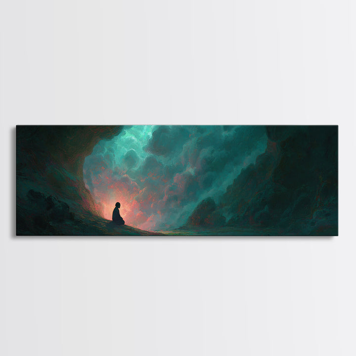 Meditating Figure In Mystical Cave With Glowing Light And Nature Elements Wall Art