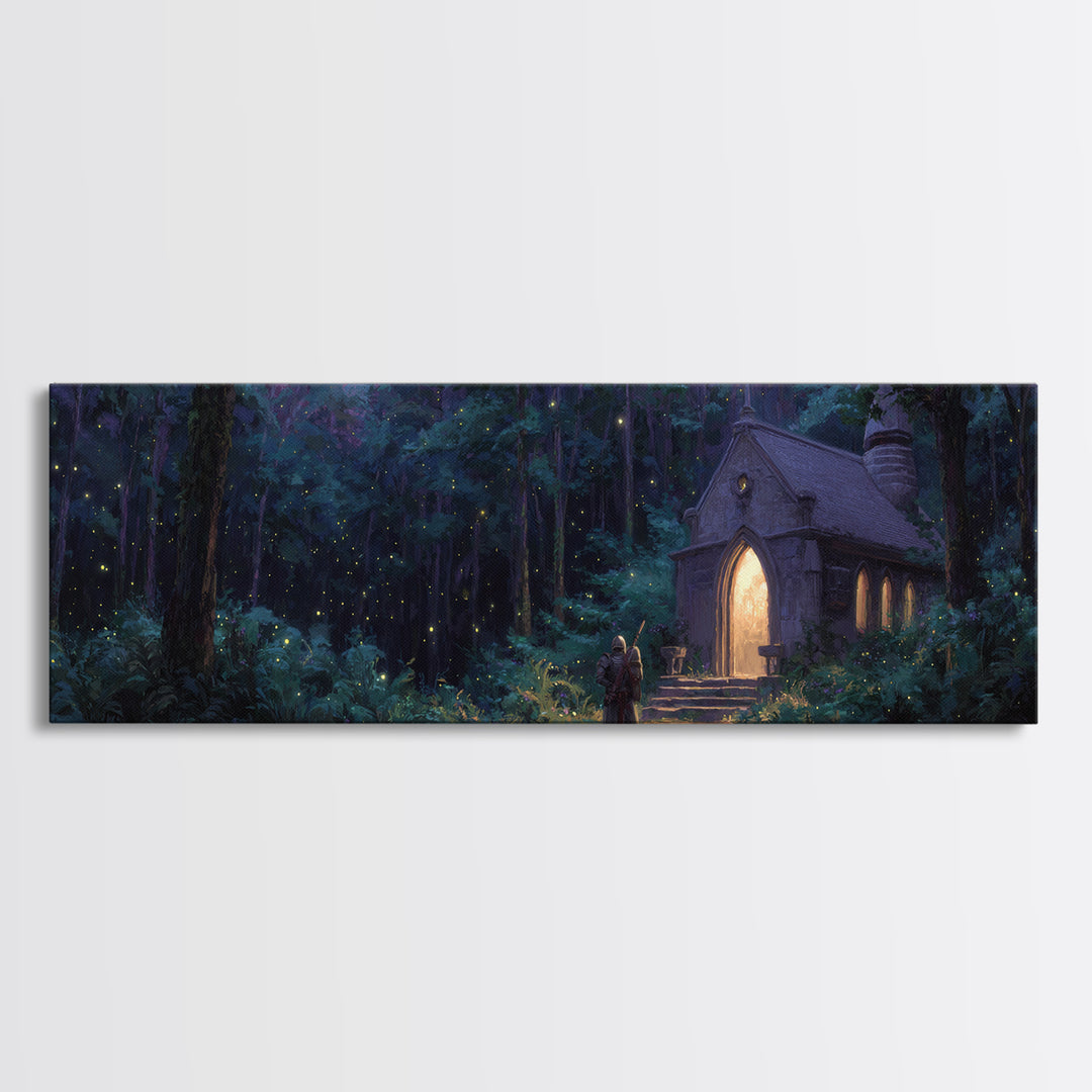 Enchanting Forest Chapel At Night With Glowing Lights And Two Travelers Original Fantasy Wall Art Print