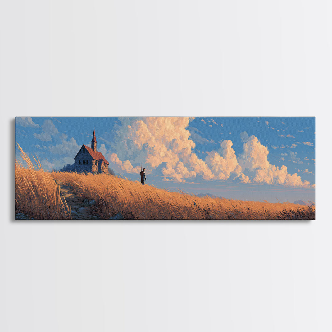 Peaceful Countryside Scene With Golden Wheat Field And Small Church Under Dramatic Sky Framed Canvas Print For Nature Wall Art