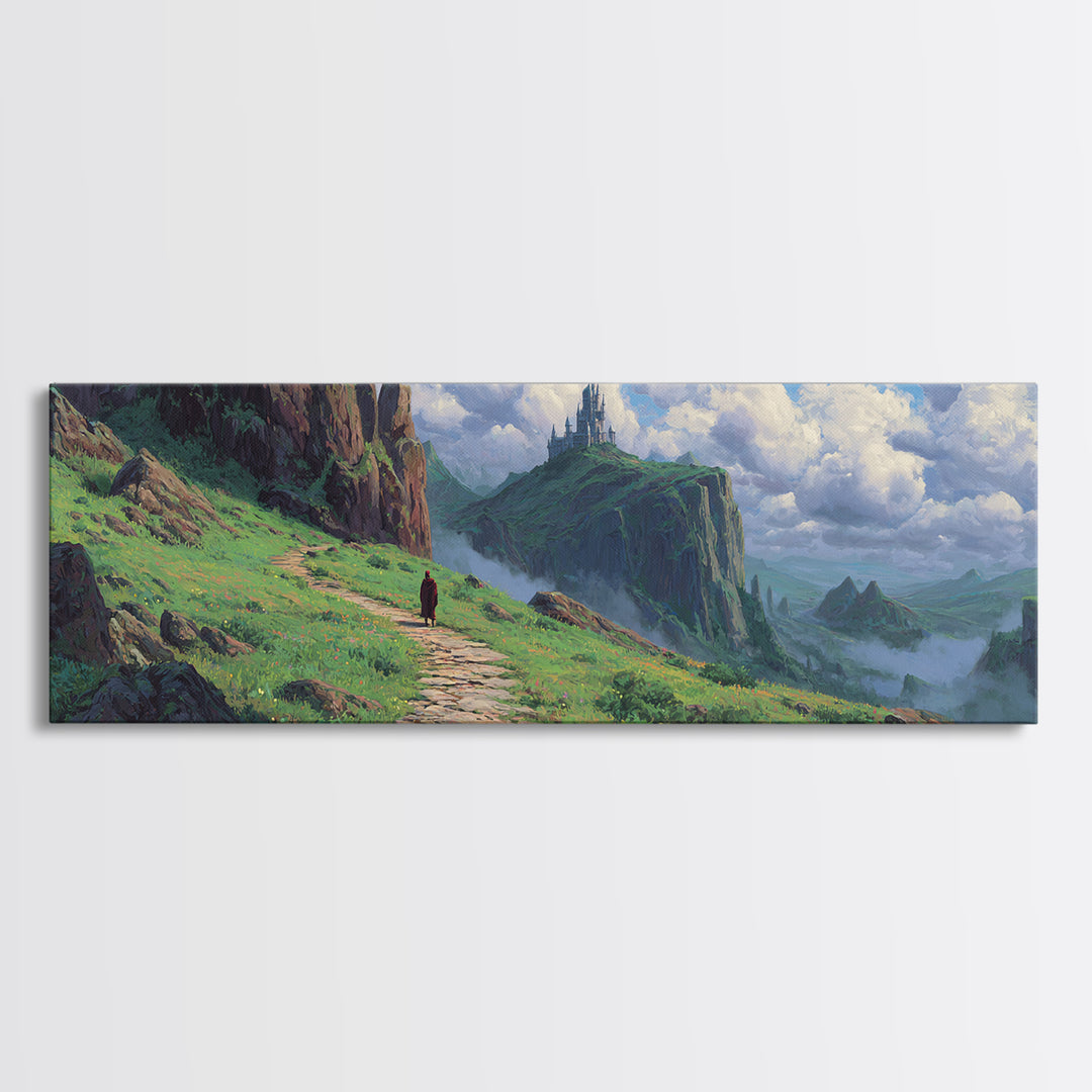 Enchanting Fantasy Landscape With Lone Traveler Walking Toward Mystic Castle on Cliff Surrounded by Lush Greenery Wall Art Canvas Print