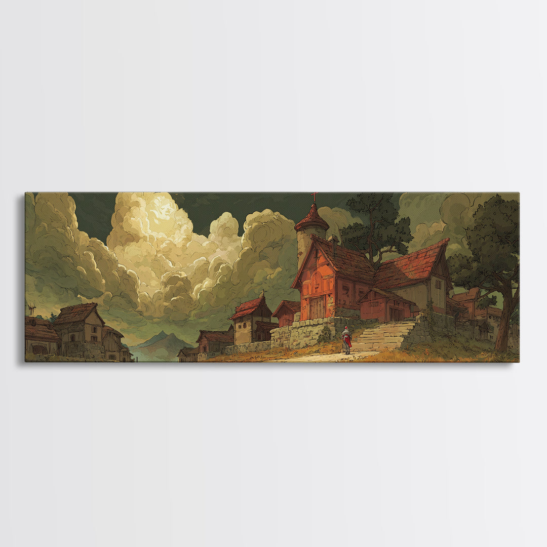 Fantasy Village Landscape Artwork With Knight And Dramatic Sky In Warm Tones Canvas Print