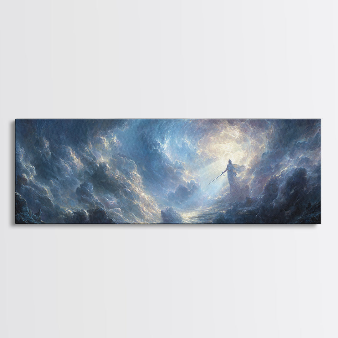 Dramatic Angelic Warrior In Radiant Clouds With Sword Wall Art Framed Canvas Print For Home Decor And Spiritual Gift