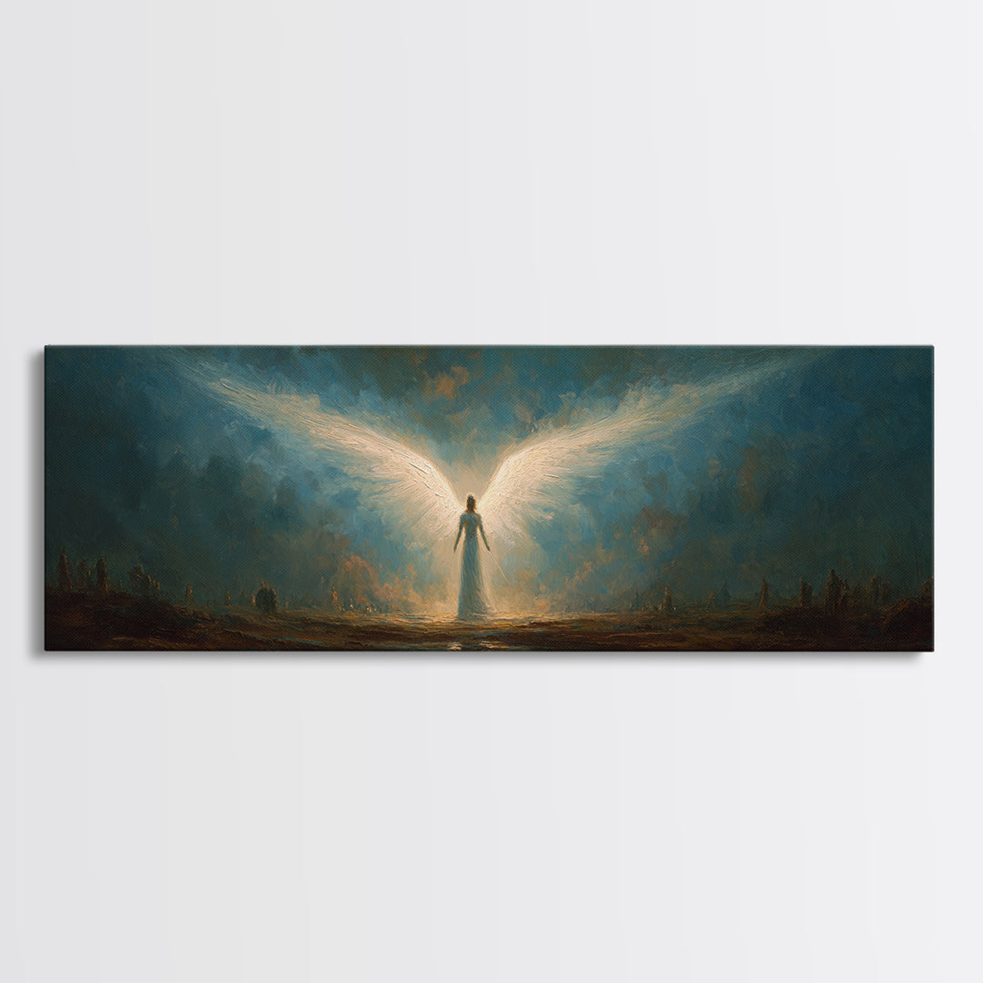 Ethereal Canvas Print Of Angelic Figure Radiating Light Among Heavenly Battle Scene Spiritual Wall Art For Inspirational And Contemporary Home Decoration