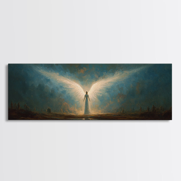 Ethereal Canvas Print Of Angelic Figure Radiating Light Among Heavenly Battle Scene Spiritual Wall Art For Inspirational And Contemporary Home Decoration