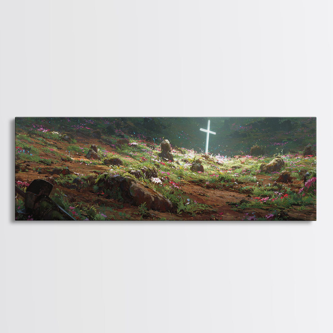 Fantasy Garden Illuminated Cross With Sword On Ground Painting - Canvas Print, Spiritual Wall Art, Religious Home Decor, Gift For Her