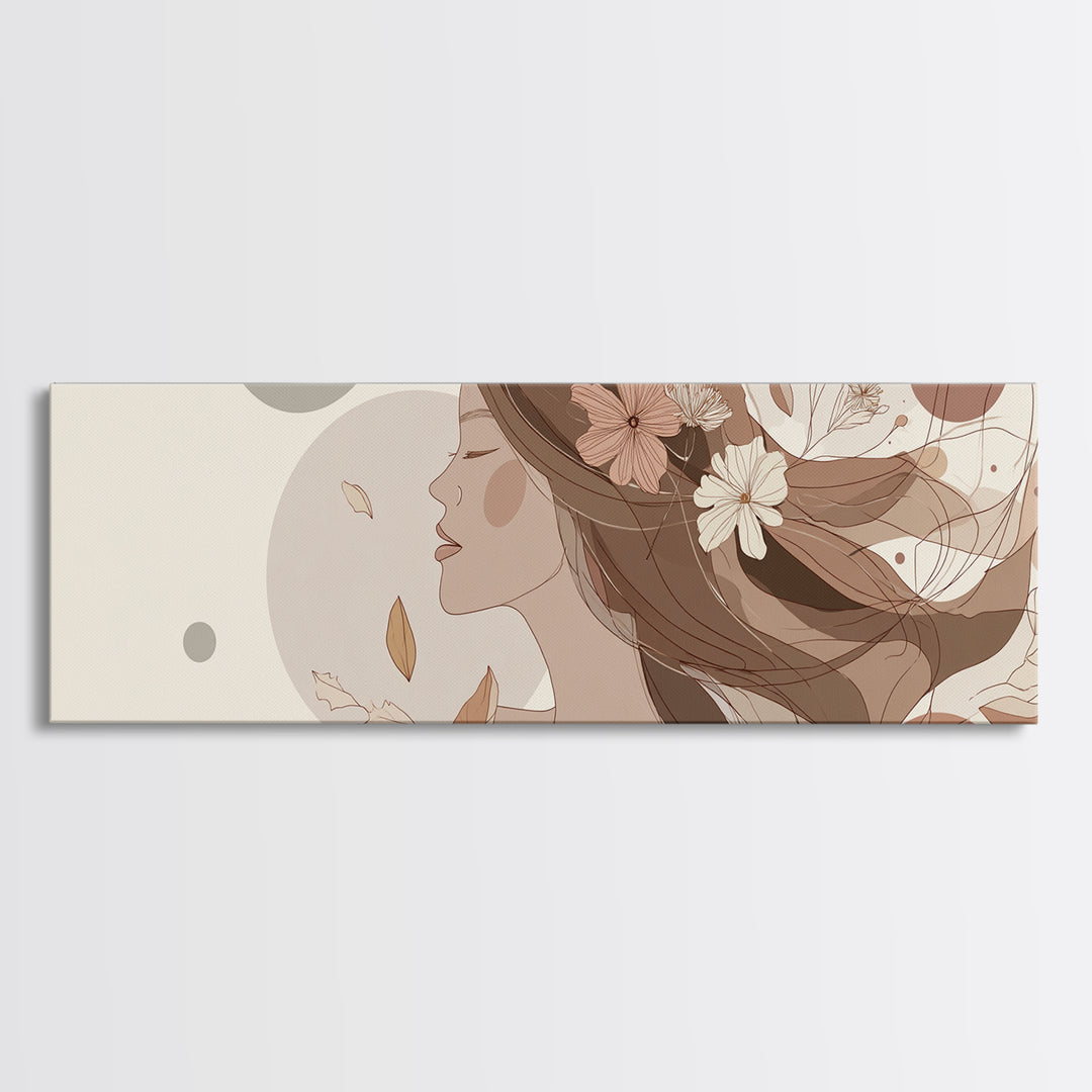 Feminine Floral Woman Profile Wall Art, Neutral Line Art Canvas Print, Boho Bedroom Decor, Romantic Gift For Her, Wall Decor