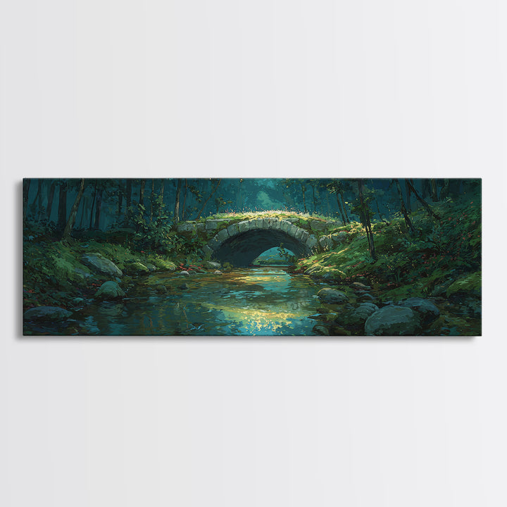 Enchanted Forest Bridge Over Quiet Stream Surrounded By Lush Trees Greenery Nature Wall Art Canvas Print For Home Decor