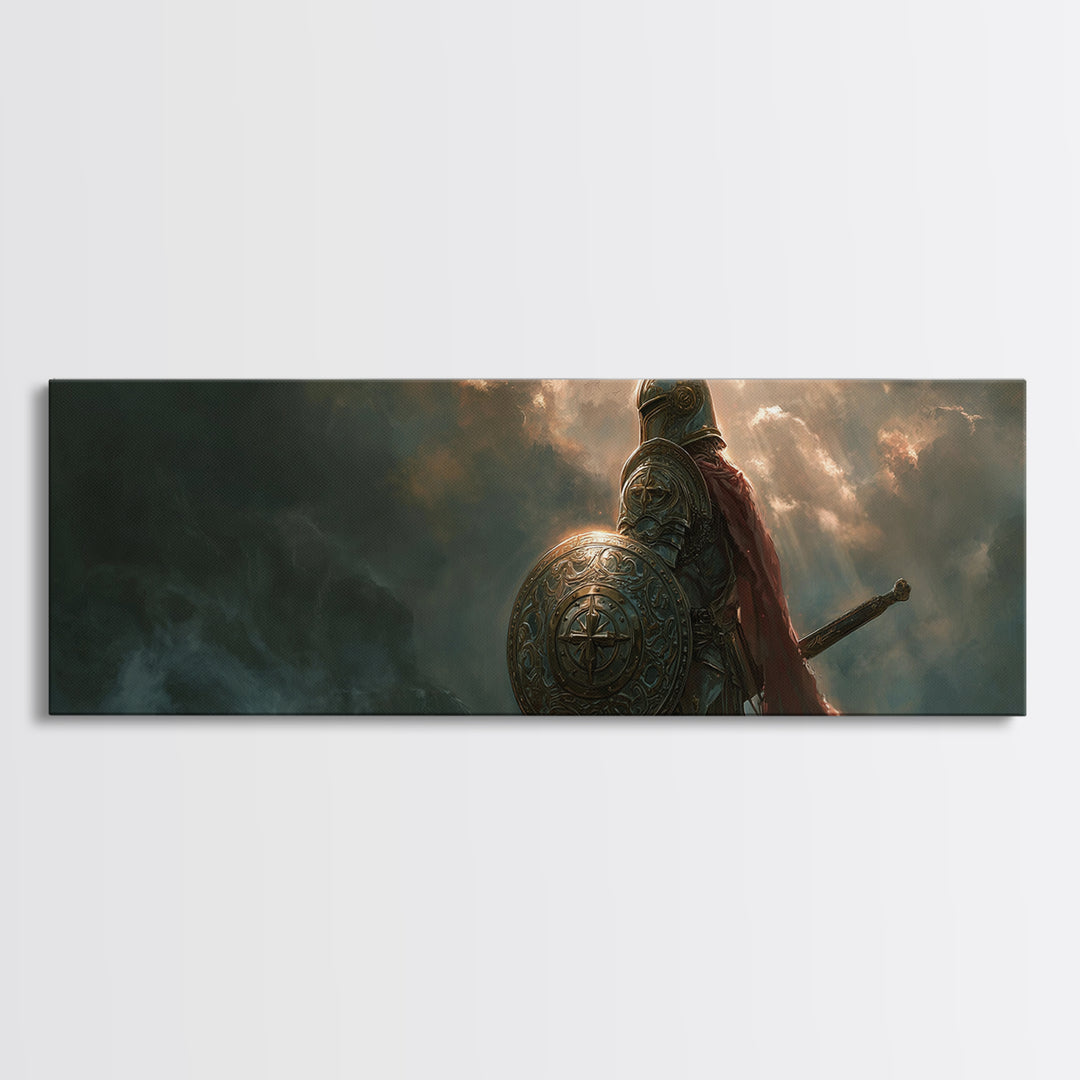 Knight In Armor Standing Against Dramatic Sky Full Of Clouds And Sun Rays - Epic Warrior Wall Art Framed Canvas Print For Home