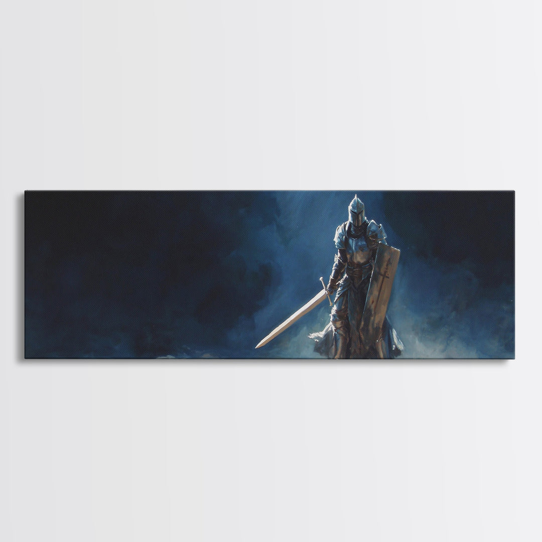 Knight In Armor Fantasy Wall Art Canvas Print Dramatic Original Painting Of Medieval Warrior With Sword Shield