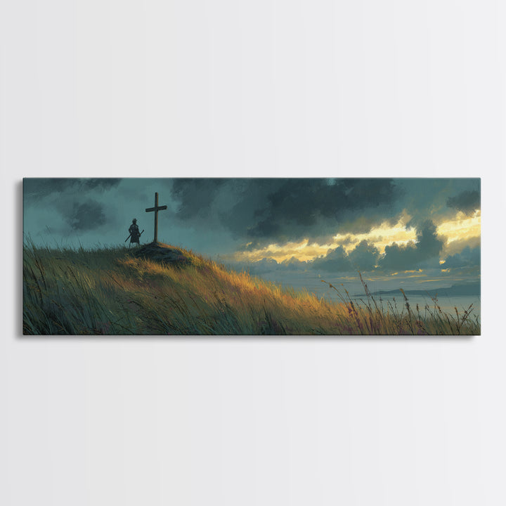 Peaceful Landscape Painting Of Knight And Cross At Sunset Over Rolling Hills Moody Wall Art Print