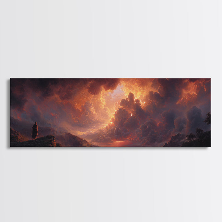 Epic Figure Facing Fiery Sunstorm Fantasy Landscape Wall Art Framed Canvas Print For Dramatic Home Decor And Contemporary Art Lovers