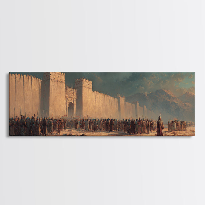 Historical Ancient Fortress Castle With Army Gathering In Front Under Moody Sky Canvas Print