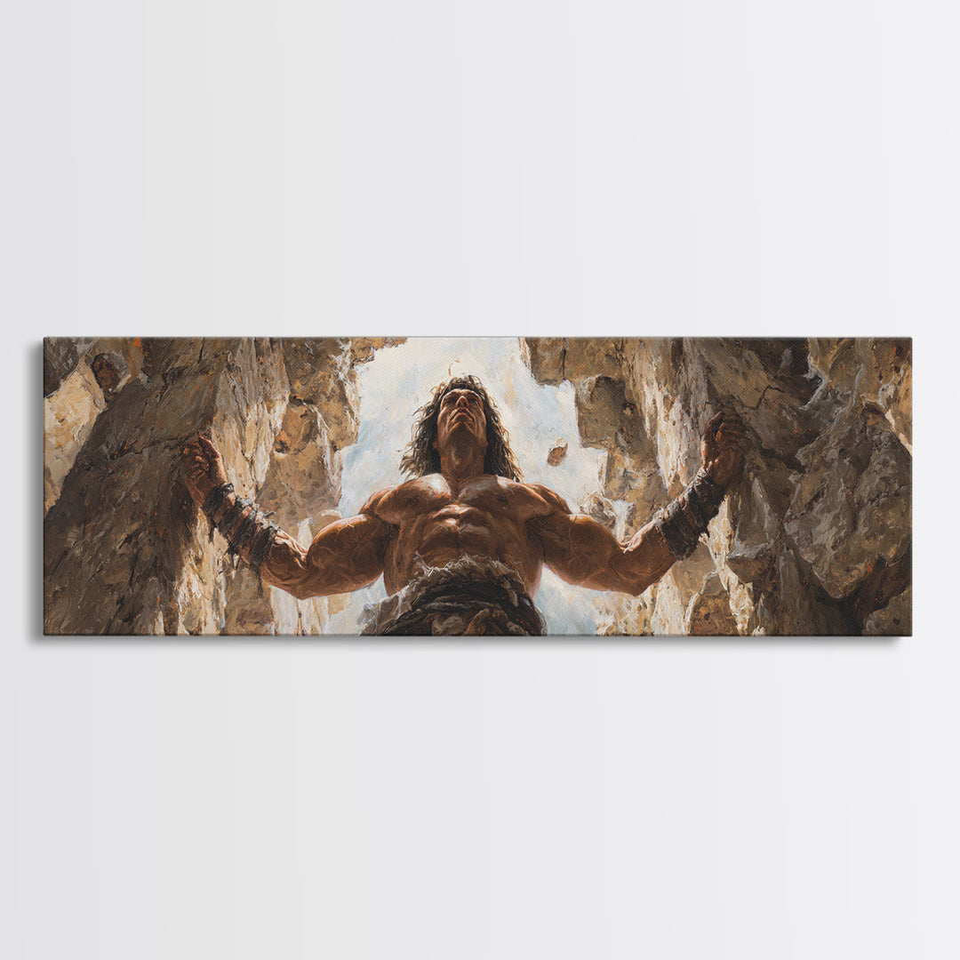 Powerful Barbarian Breaking Rocks With Muscular Strength Wall Art Framed Canvas Print For Home Decor And Office