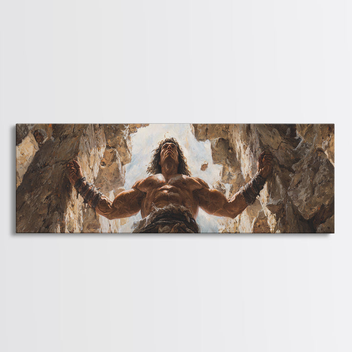 Powerful Barbarian Breaking Rocks With Muscular Strength Wall Art Framed Canvas Print For Home Decor And Office