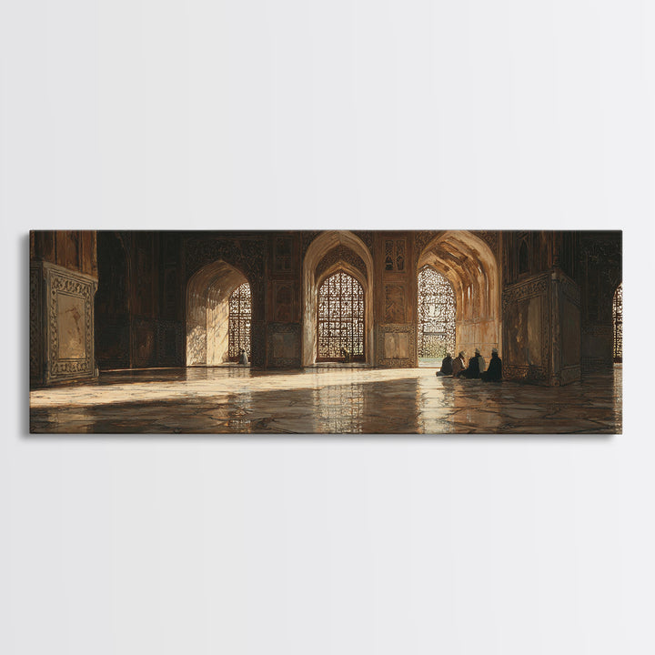 Golden Mosque Prayer Hall Wall Art, Islamic Architecture Canvas, Arabic Home Decor, Spiritual Travel Print For Living Room