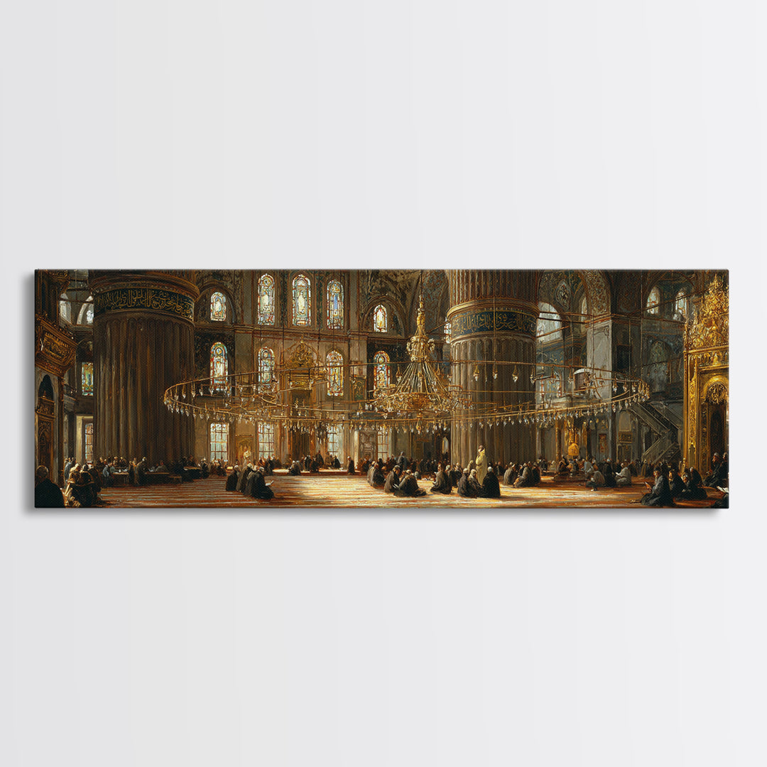Intricate Historic Mosque Interior With Worshippers And Golden Details Wall Art Beautiful Islamic Architecture Framed Canvas Print
