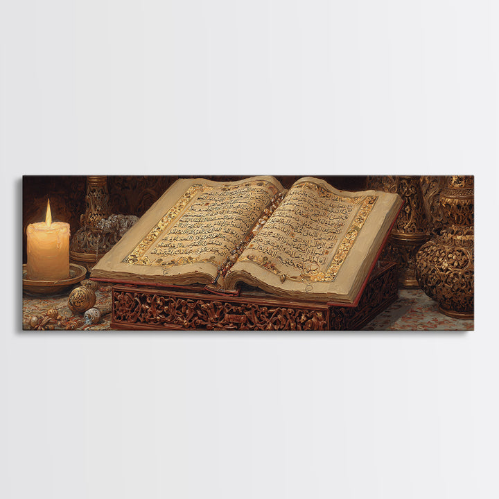 Intricate Handcrafted Ornate Religious Manuscript Painting With Candle And Gold Detailing Wall Art Canvas Print