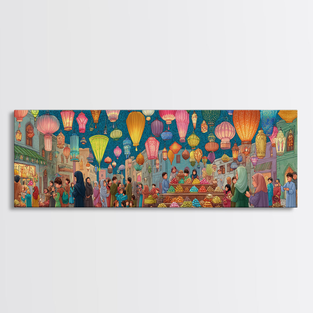 Bustling Market Scene Painting With Lanterns And People Vibrant Traditional Street Life Colorful Wall Art