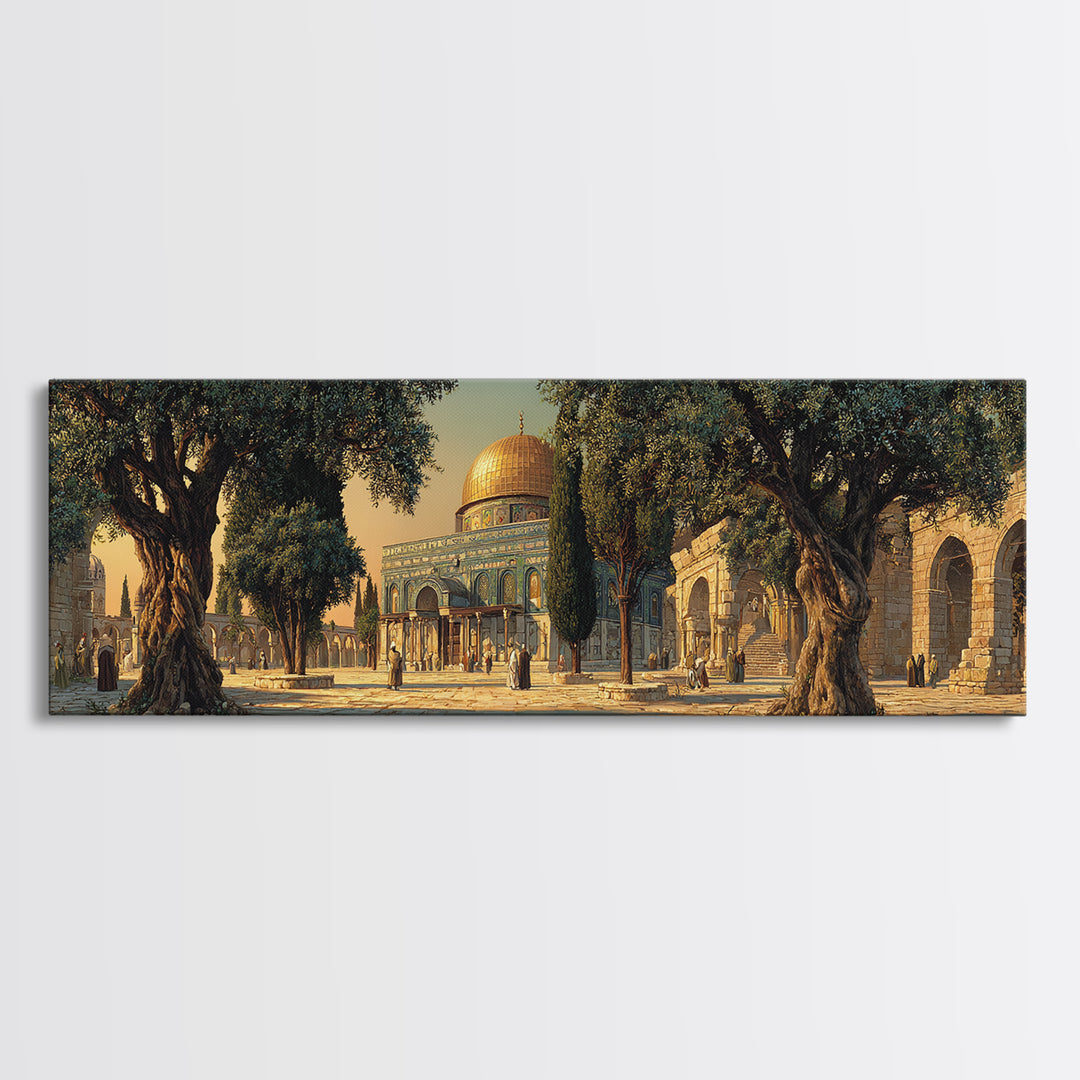 Stunning Realistic Mosque Courtyard With Olive Trees And People Framed Canvas Print For Islamic Home Decor Wall Art