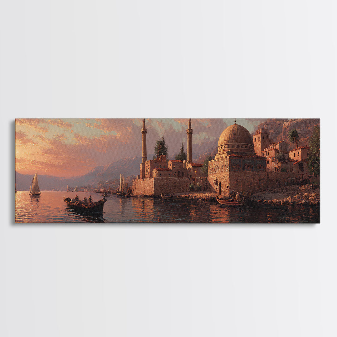 Seaside Town At Sunset Oil Painting Canvas Print With Boats And Warm Orange Glow Wall Art For Coastal Home Decor And Dining Room