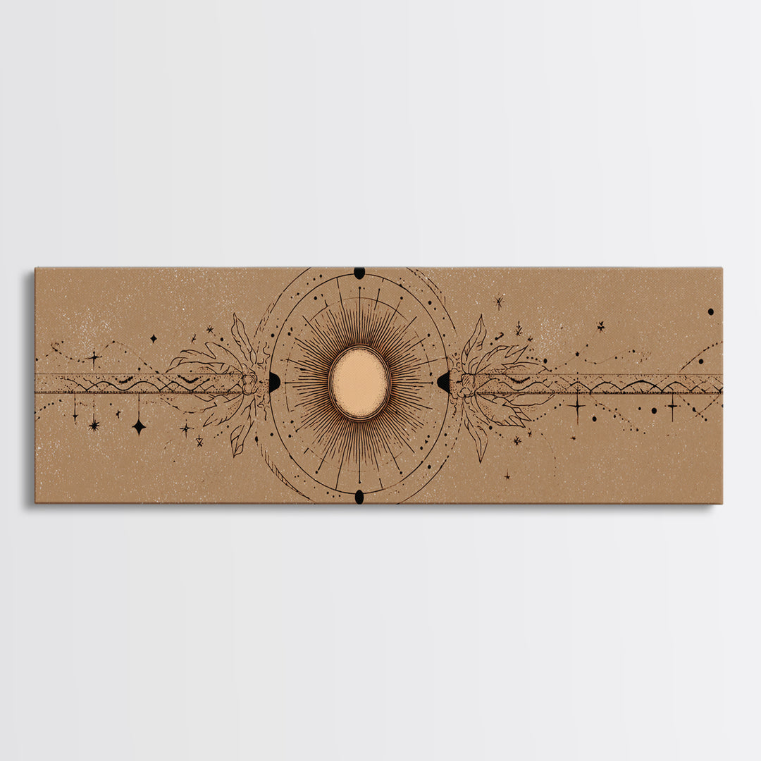Mystic Sun And Moon Celestial Wall Art, Boho Astrology Canvas Print, Neutral Witchy Above Bed Decor For Living Room Home Decor