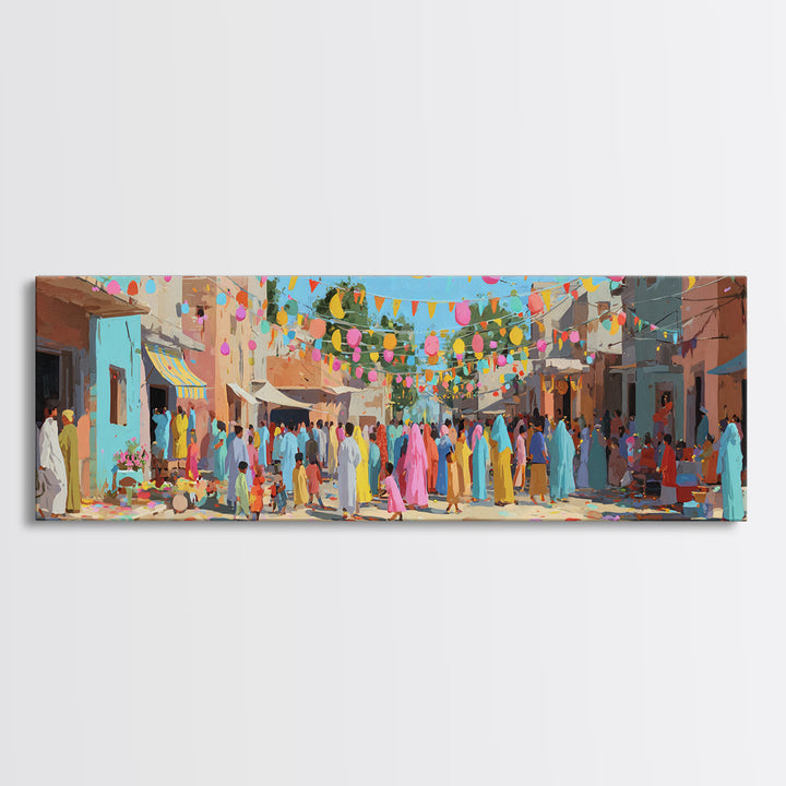 Festive Colorful Town Square Celebration Digital Painting Bright Lanterns And Crowds For Joyful Wall Art