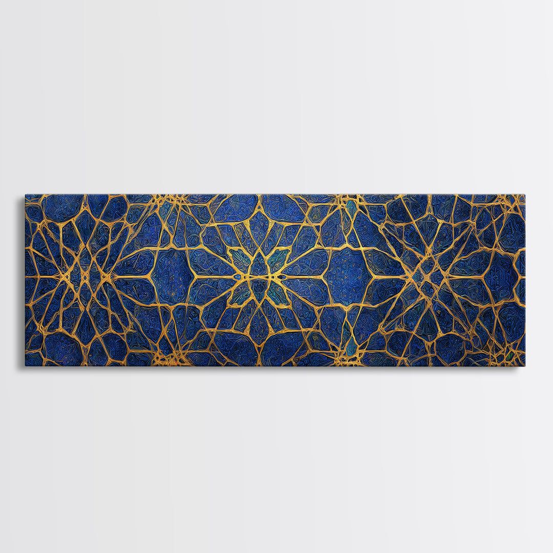 Detailed Blue And Gold Islamic Geometric Pattern Canvas Print For Elegant Religious Home Decor