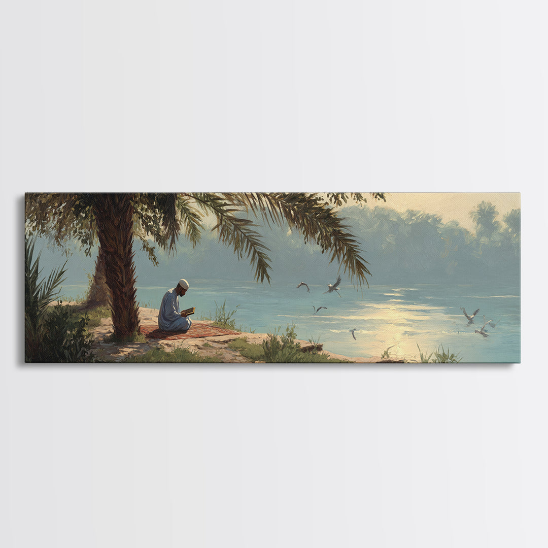 Tranquil Riverside Scene With Man Reading Sacred Text Surrounded by Palm Trees and Calm Waters Oil Painting Canvas Print