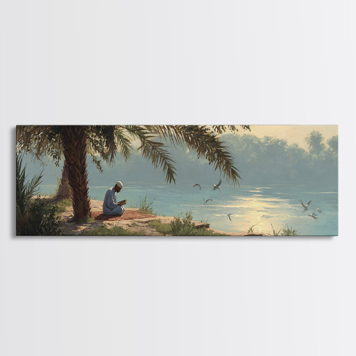 Tranquil Riverside Scene With Man Reading Sacred Text Surrounded by Palm Trees and Calm Waters Oil Painting Canvas Print