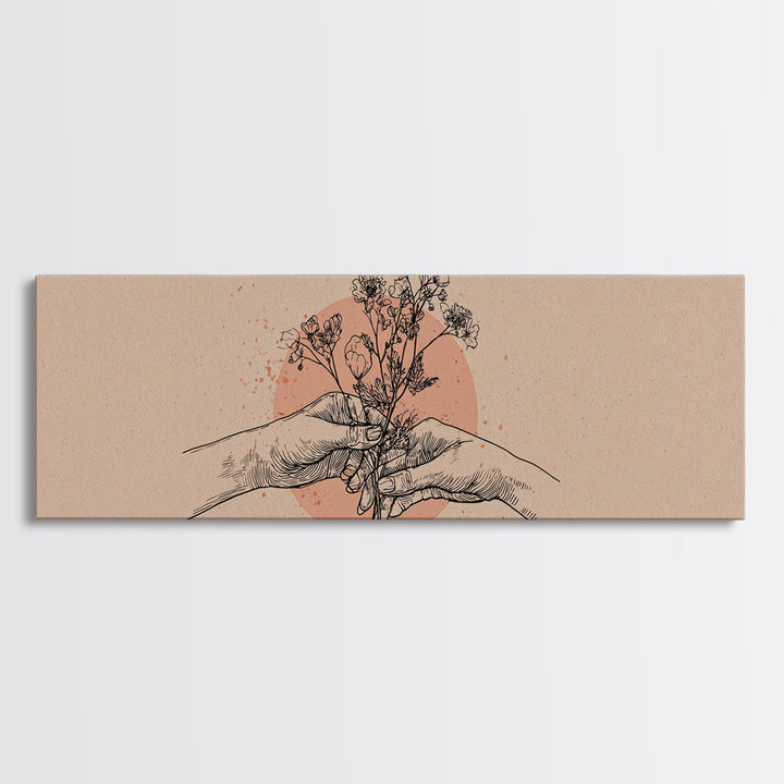 Hands Holding Wildflowers Line Art Wall Art, Neutral Botanical Canvas Print, Romantic Gift For Her And Minimal Bedroom Decor