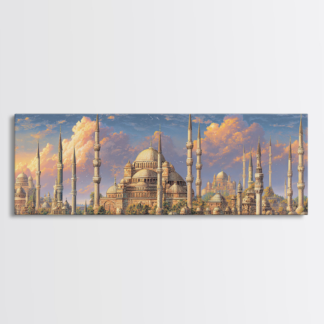 Vibrant Cityscape With Ornate Minarets And Warm Sunset Sky Framed Canvas Print For Home Decor