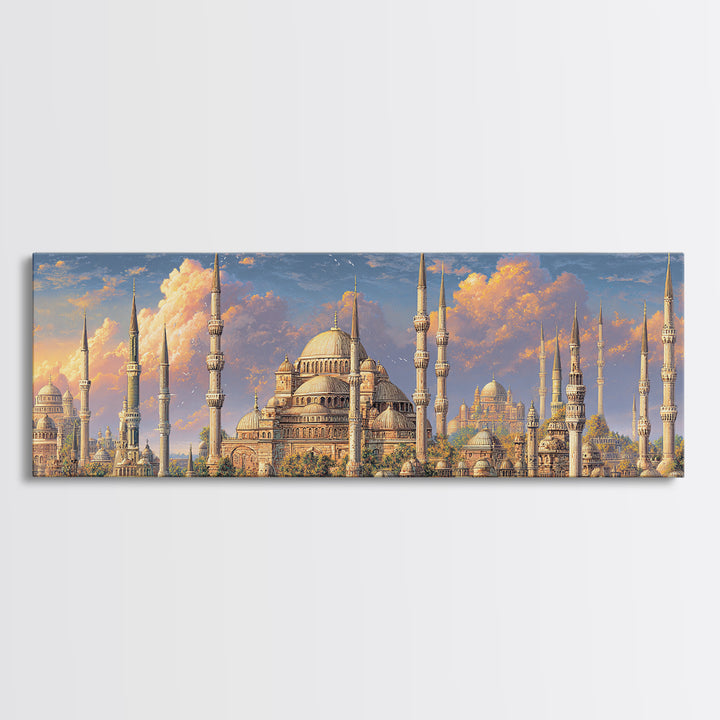 Vibrant Cityscape With Ornate Minarets And Warm Sunset Sky Framed Canvas Print For Home Decor