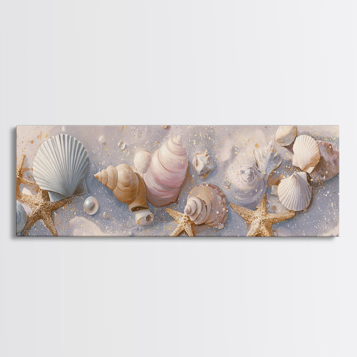 Pastel Seashells And Starfish Beach Wall Art, Coastal Canvas Print, Nautical Bathroom Decor And Beach House Gift For Her