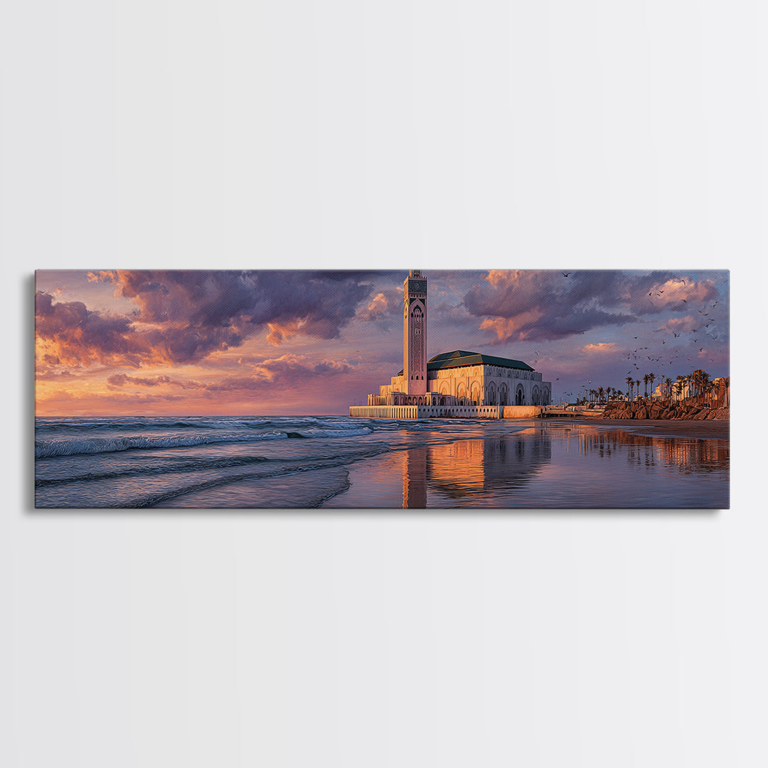 Sunset Over Iconic Casablanca Mosque With Reflective Water Wall Art Framed Canvas Print For Coastal Decor