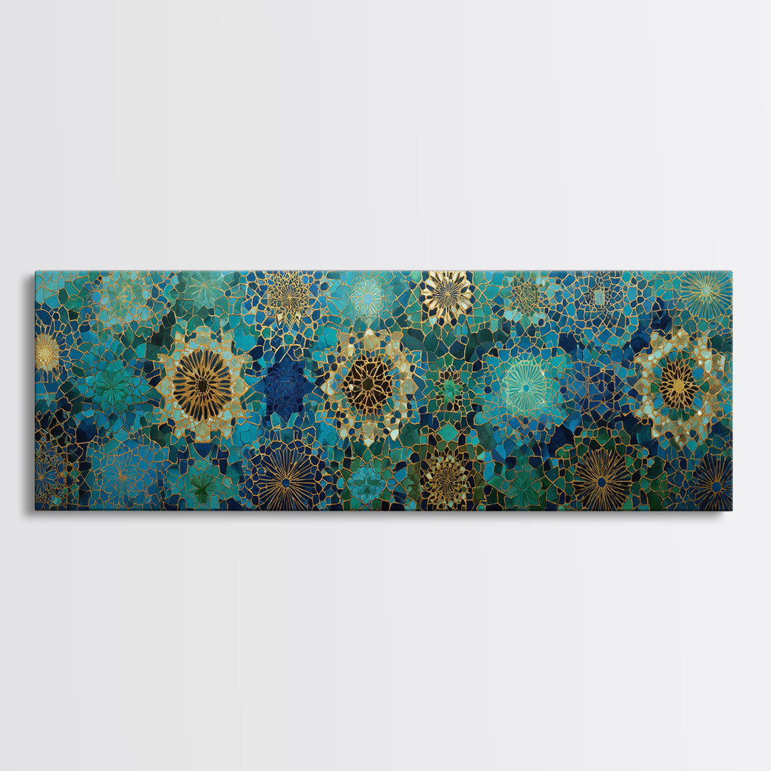 Intricate Green And Blue Moroccan Mosaic Pattern Abstract Wall Art Canvas Print For Exotic Home Decor Gift