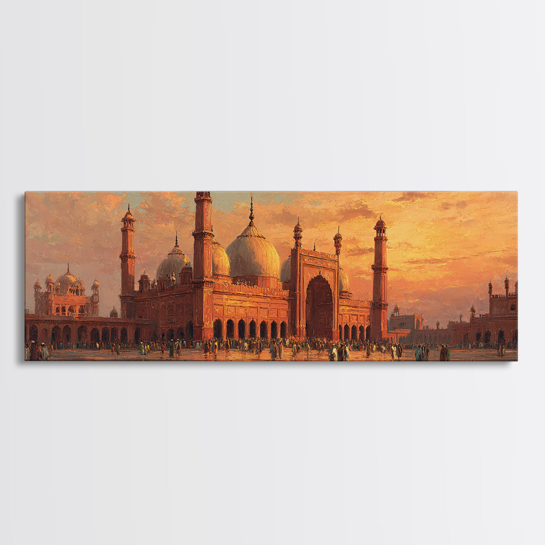 Sunset Over Lavish Mosque Oil Painting Wall Art Framed Canvas Print With Vibrant Orange Skies And Historical Architecture Home Decor