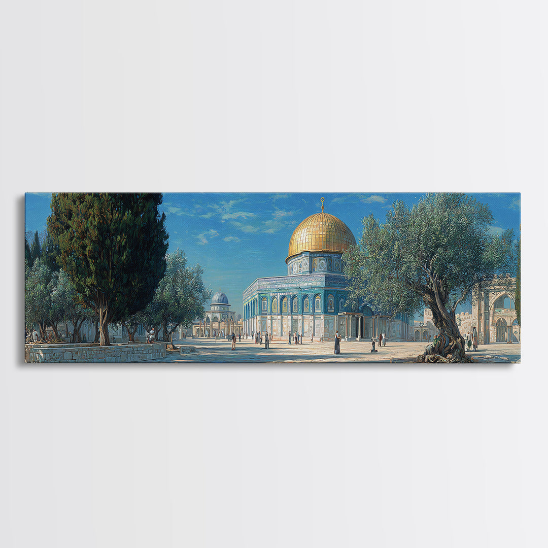 Vivid Middle Eastern Architecture Painting With Golden Dome And Olive Trees Captivating Historical Wall Art