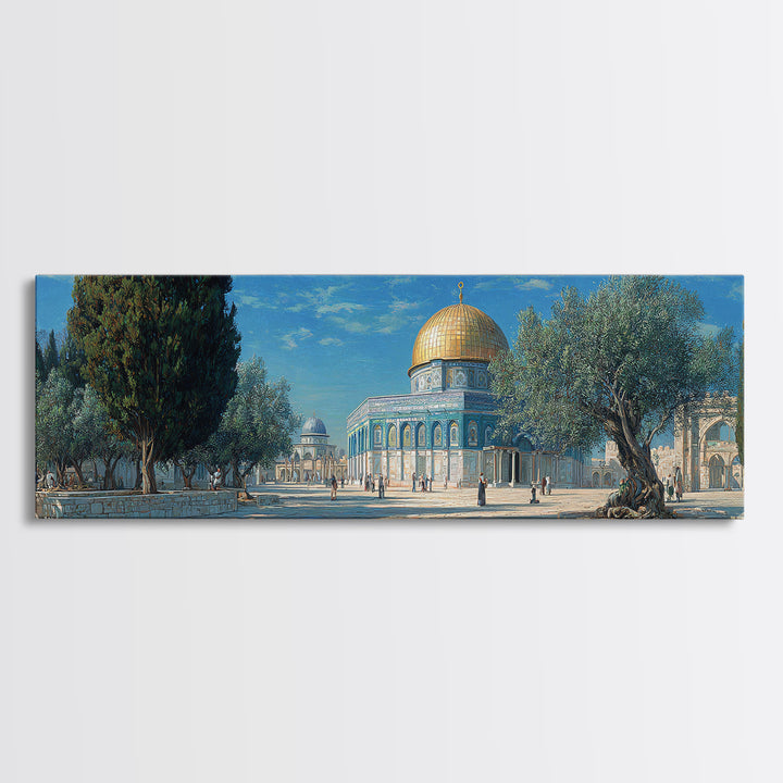 Vivid Middle Eastern Architecture Painting With Golden Dome And Olive Trees Captivating Historical Wall Art