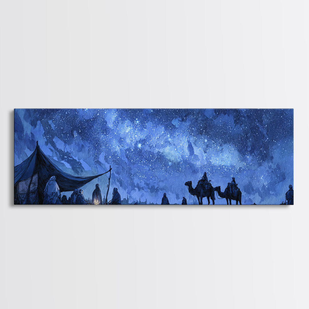 Mystical Desert Night Scene With Campfire And Stargazing Nomads Wall Art Framed Canvas Print For Rustic Home Decor