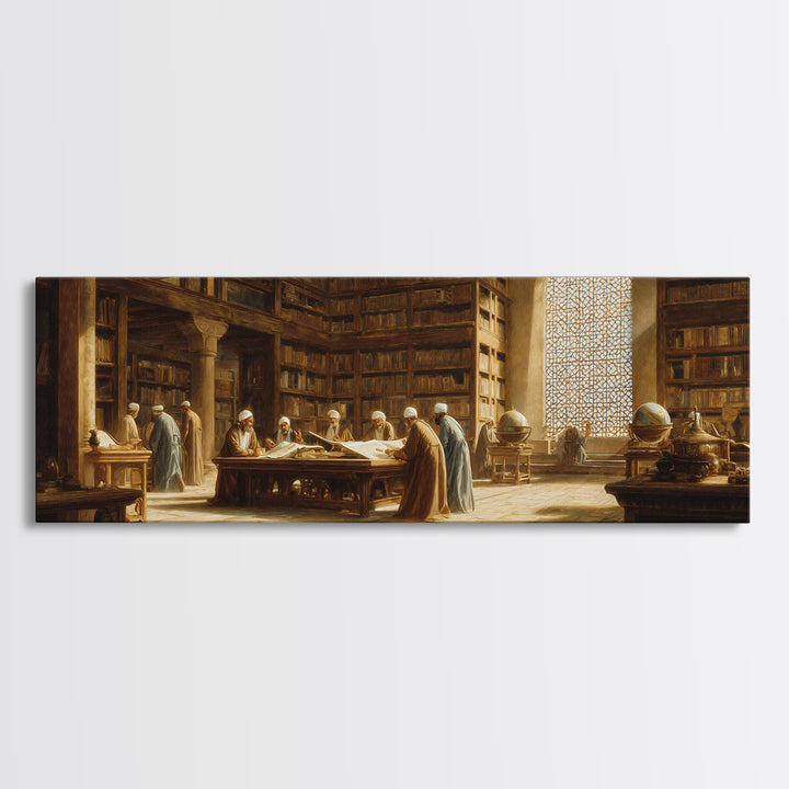 Historical Middle Eastern Library Scene Painting Wall Art Framed Canvas Print For Study Room Decor And Book Lover Gift